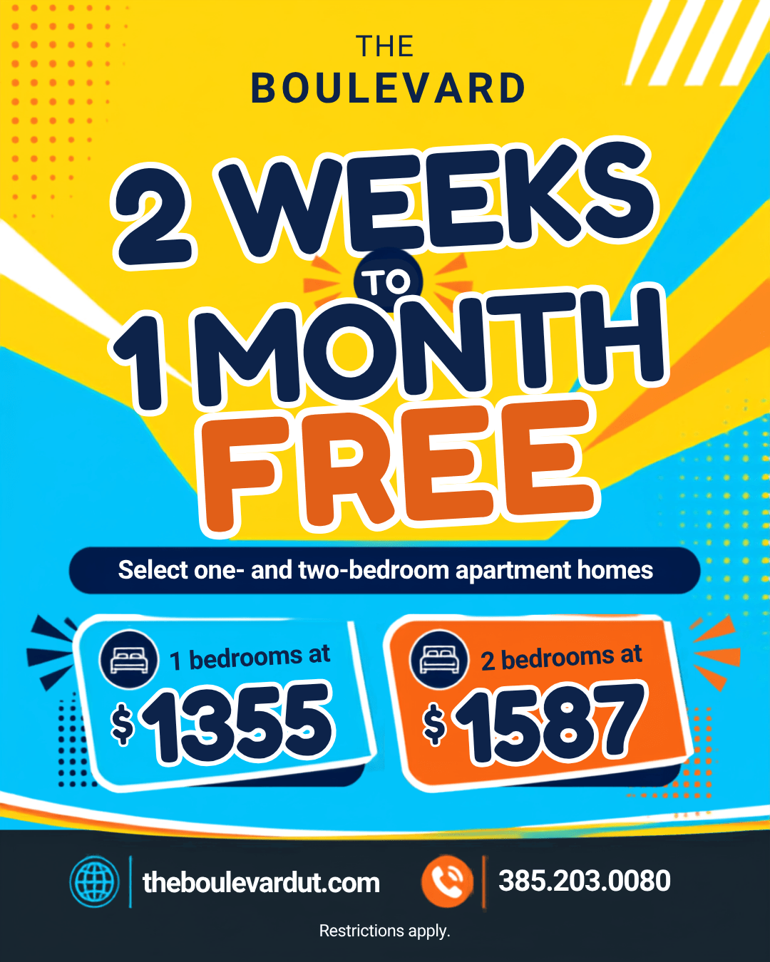A promotional image for The Boulevard offering 2 weeks to 1 month free for apartment homes.